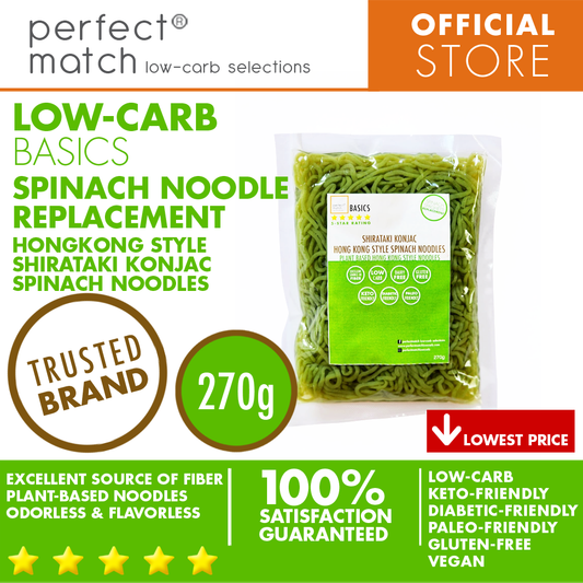 PerfectMatch Low-carb® l Shirataki Konjac Hong Kong Style Spinach Noodle I Low-carb l Keto-Friendly l Paleo-Friendly l Gluten-Free l Diabetic- Friendly l Vegan l Good Source of Fiber l  Spinach Noodle Pasta Alternative